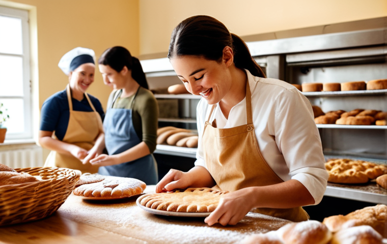 **
A bustling bakery with a warm, inviting atmosphere. Customers are happily participating in a hands-on baking class, led by a friendly baker. Focus on the sense of community and nostalgia, with classic baking tools and ingredients visible. Soft, golden lighting.
**