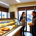 **

A brightly lit, modern bakery with a diverse display of gluten-free pastries alongside traditional baked goods. Customers are smiling and engaged in conversation with the friendly staff behind the counter. A sign advertises "Gluten-Free Options Available!" and longer business hours. Focus on capturing a warm and inviting atmosphere with a slight "skyrocketed" effect like shining light.

**