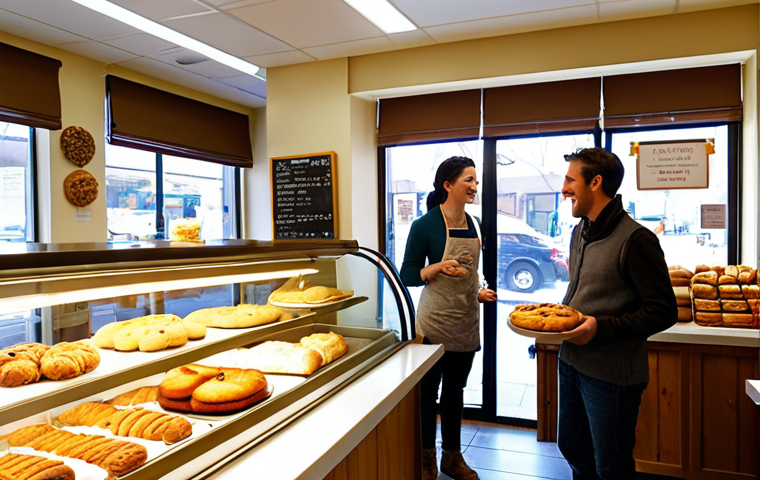 **
A brightly lit, modern bakery with a diverse display of gluten-free pastries alongside traditional baked goods. Customers are smiling and engaged in conversation with the friendly staff behind the counter. A sign advertises "Gluten-Free Options Available!" and longer business hours. Focus on capturing a warm and inviting atmosphere with a slight "skyrocketed" effect like shining light.
**