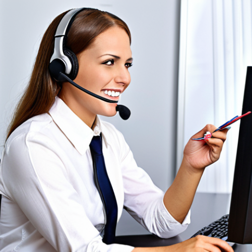 **

A customer service representative, headset on, actively listening to a frustrated customer on the phone. The rep is smiling empathetically and taking notes on a standardized complaint form. In the background, a screen displays a CRM system with color-coded complaint tickets. The overall tone is professional and helpful.

**