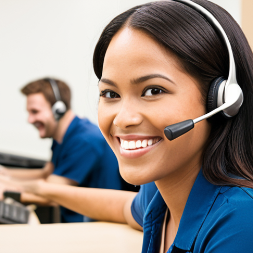 Home 20 **
A friendly Zappos customer service representative on a call, smiling while assisting a customer. The background shows a well-organized, modern call center. Focus on conveying helpfulness and a positive attitude.
**