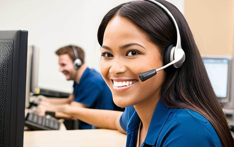 **
A friendly Zappos customer service representative on a call, smiling while assisting a customer. The background shows a well-organized, modern call center. Focus on conveying helpfulness and a positive attitude.
**