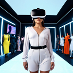 **Prompt:** A person wearing a VR headset, surrounded by virtual clothing items in a metaverse fashion show. The background shows other avatars watching the show. The overall feeling is modern, futuristic, and engaging.