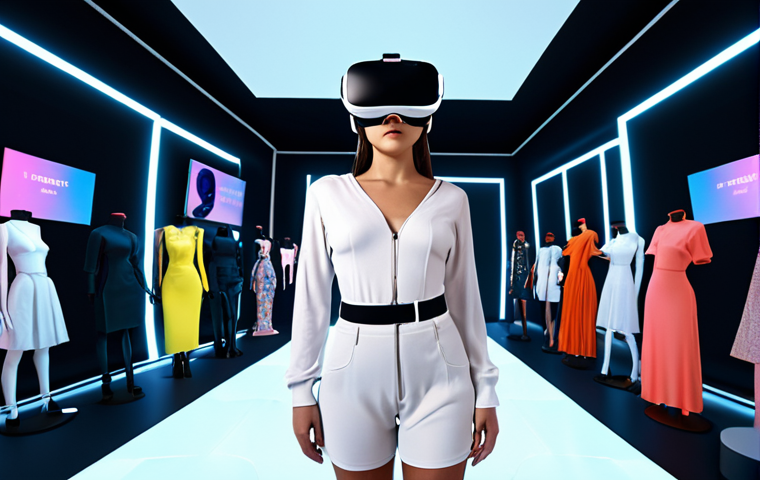 **Prompt:** A person wearing a VR headset, surrounded by virtual clothing items in a metaverse fashion show. The background shows other avatars watching the show. The overall feeling is modern, futuristic, and engaging.