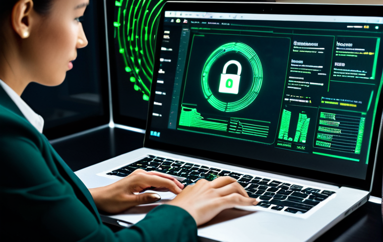 A professional businesswoman, fully clothed in a modest business casual outfit, sits intently at a modern desk. Her hands are poised over a sleek laptop displaying a complex digital interface with security icons like a padlock and flowing data streams, alongside a detailed document featuring fine print. A subtle green glow emanates from a shield graphic on the screen, symbolizing protection. The background is a clean, contemporary home office with warm, soft lighting. Perfect anatomy, correct proportions, natural pose, well-formed hands, proper finger count, professional photography, high detail, sharp focus, vibrant colors, clean aesthetic, safe for work, appropriate content, fully clothed, professional, family-friendly.