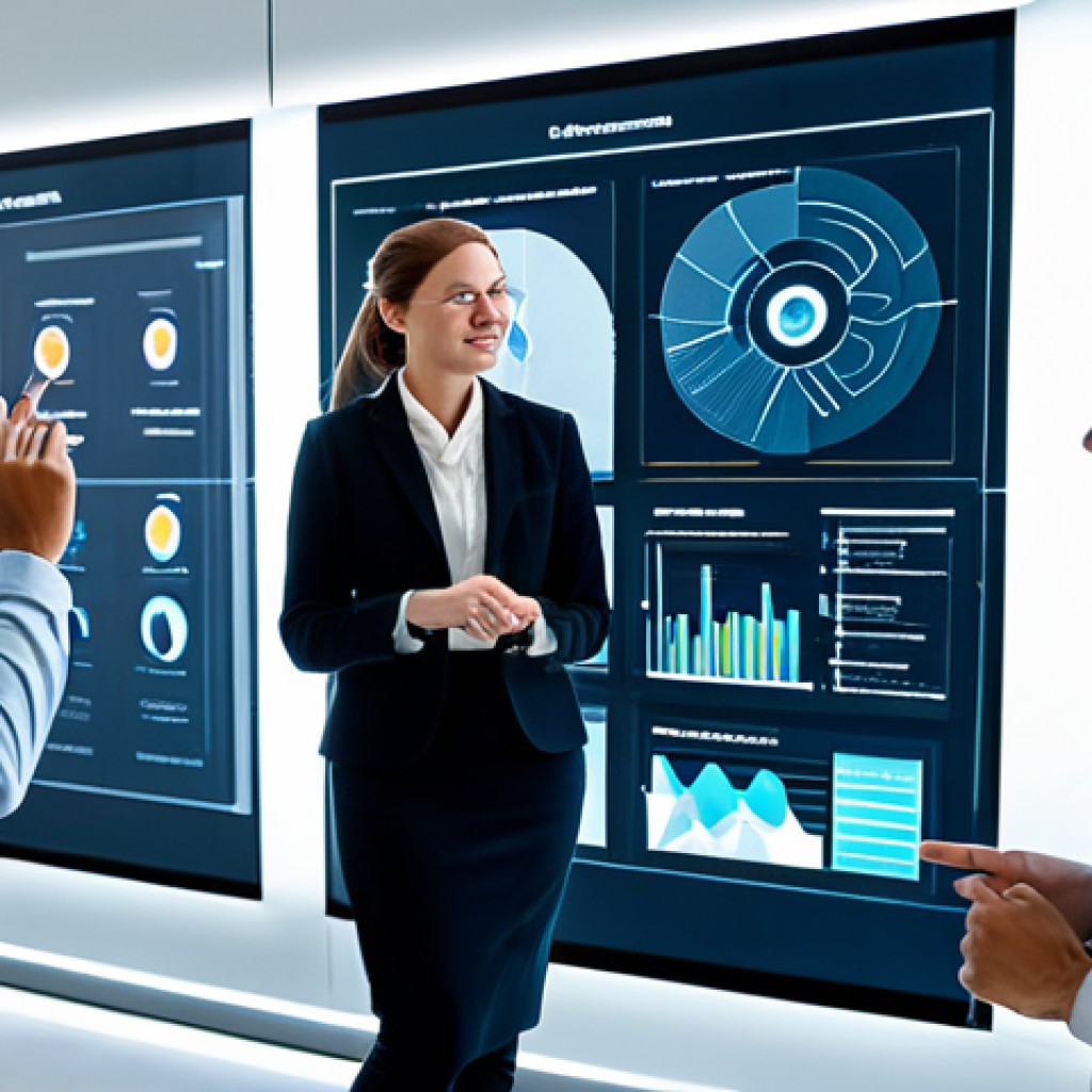 A diverse team of business professionals, fully clothed in modest business attire, collaborating around a large interactive holographic display in a sleek, modern innovation lab. The display shows intricate customer psychographic data and AI-driven predictive analytics visualizations. The team members are engaged in a thoughtful discussion, pointing at the data with focused expressions, demonstrating deep customer empathy and understanding. The setting is brightly lit, emphasizing clarity and forward-thinking. Perfect anatomy, correct proportions, natural pose, well-formed hands, proper finger count, natural body proportions, professional photography, high quality, safe for work, appropriate content, fully clothed, professional.