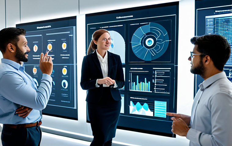 A diverse team of business professionals, fully clothed in modest business attire, collaborating around a large interactive holographic display in a sleek, modern innovation lab. The display shows intricate customer psychographic data and AI-driven predictive analytics visualizations. The team members are engaged in a thoughtful discussion, pointing at the data with focused expressions, demonstrating deep customer empathy and understanding. The setting is brightly lit, emphasizing clarity and forward-thinking. Perfect anatomy, correct proportions, natural pose, well-formed hands, proper finger count, natural body proportions, professional photography, high quality, safe for work, appropriate content, fully clothed, professional.