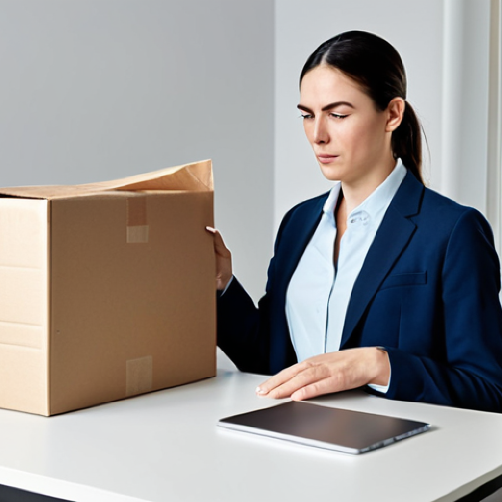A person (gender-neutral, adult) in professional business attire, looking with a slight frown at an opened package containing a product that appears different from its advertised image. The scene is set in a modern, well-lit home office with a minimalist desk and a laptop nearby. The package is on the desk, emphasizing the 'unboxing disappointment'. fully clothed, modest clothing, appropriate attire, professional dress, safe for work, appropriate content, family-friendly, perfect anatomy, correct proportions, natural pose, well-formed hands, proper finger count, natural body proportions, high quality photography, sharp focus.