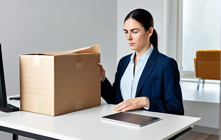 A person (gender-neutral, adult) in professional business attire, looking with a slight frown at an opened package containing a product that appears different from its advertised image. The scene is set in a modern, well-lit home office with a minimalist desk and a laptop nearby. The package is on the desk, emphasizing the 'unboxing disappointment'. fully clothed, modest clothing, appropriate attire, professional dress, safe for work, appropriate content, family-friendly, perfect anatomy, correct proportions, natural pose, well-formed hands, proper finger count, natural body proportions, high quality photography, sharp focus.
