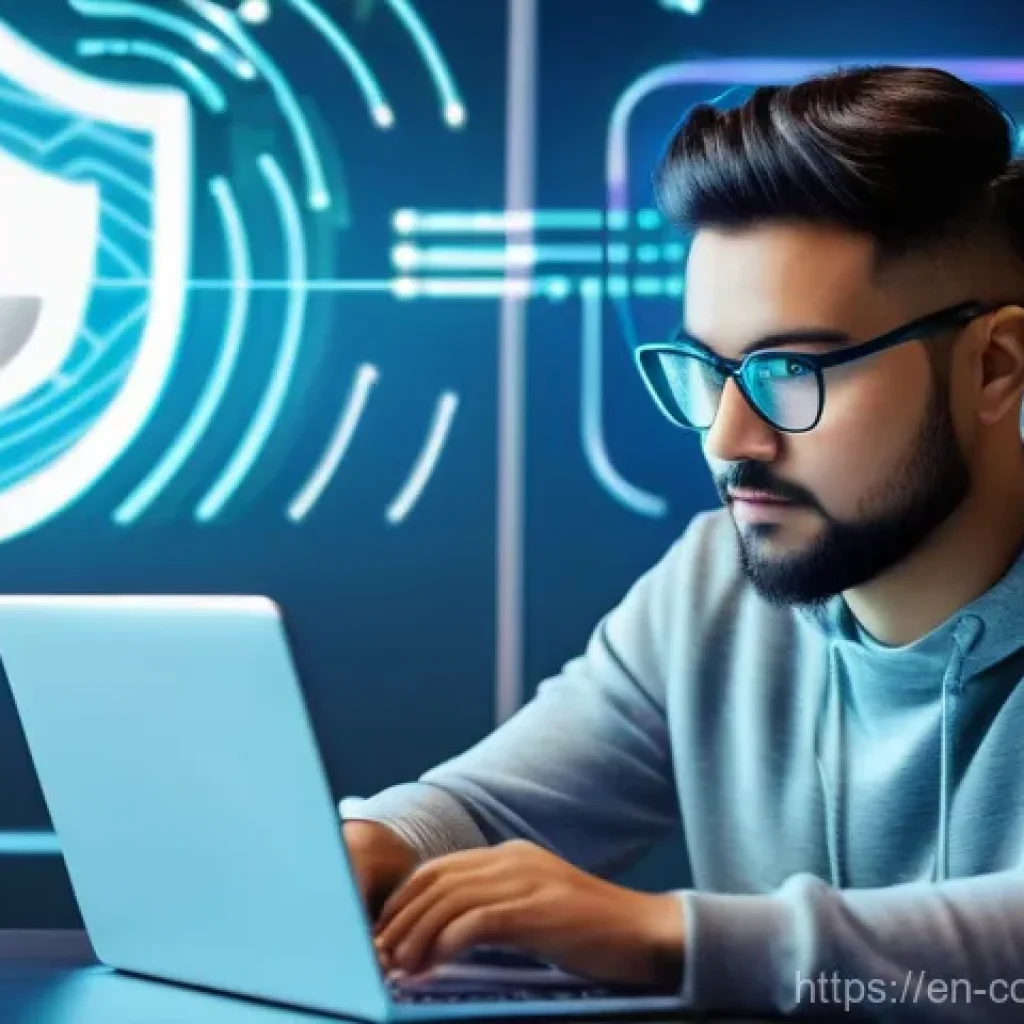 소비자 보호 관련 최신 연구와 글로벌 트렌드 연구와 분석 - **Digital Privacy Guardian:**
"A young adult, dressed in modern casual attire, sits at a desk, i...