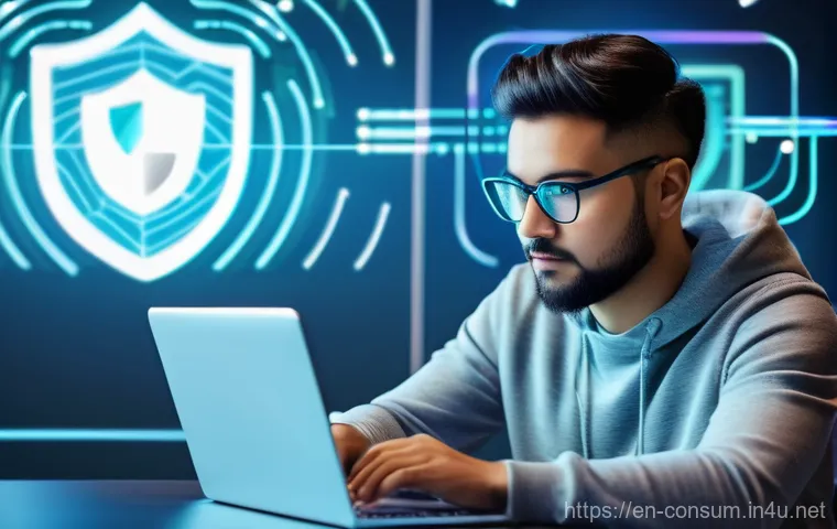 소비자 보호 관련 최신 연구와 글로벌 트렌드 연구와 분석 - **Digital Privacy Guardian:**
"A young adult, dressed in modern casual attire, sits at a desk, i...