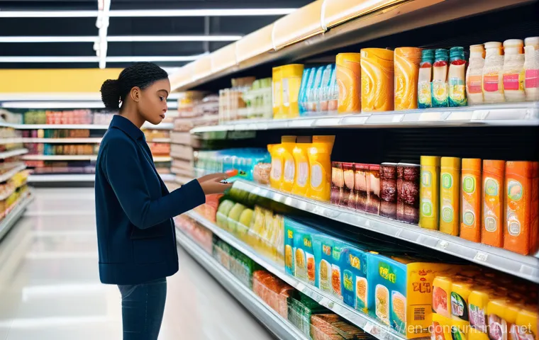 소비자 보호와 관련된 공공정책 사례 - **Prompt:** A young, diverse adult consumer, dressed in fashionable smart-casual attire, stands in a...