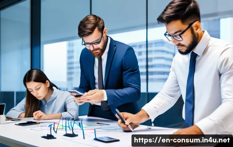 소비자전문기술사와 법률 전문가의 협력 - **Image Prompt:** A diverse group of tech specialists and lawyers collaborating in a modern, brightl...