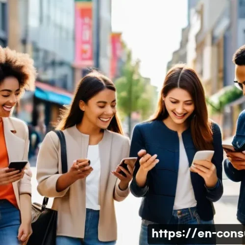 소비자 행동 분석과 디지털 시대의 변화 - A dynamic urban scene showing a diverse group of young adults using smartphones outdoors, instantly ...