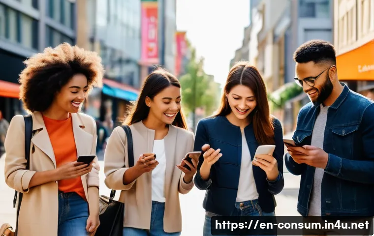 소비자 행동 분석과 디지털 시대의 변화 - A dynamic urban scene showing a diverse group of young adults using smartphones outdoors, instantly ...