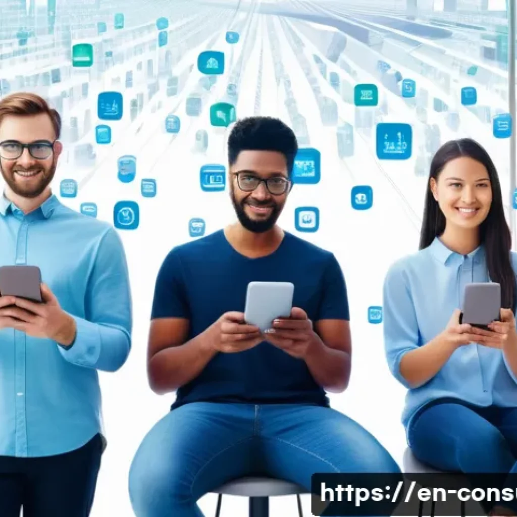 소비자 보호와 관련된 최신 연구 자료 - A modern digital illustration of a diverse group of consumers using smartphones and laptops in a bri...