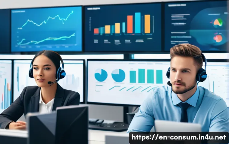 소비자 불만 유형별 대응 전략 - A modern customer service center scene showing a diverse team of agents attentively listening to cus...