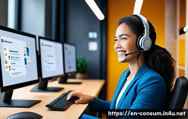 소비자 불만 처리 프로세스 설계 - A modern, bright customer service center with diverse communication channels visibly represented: a ...