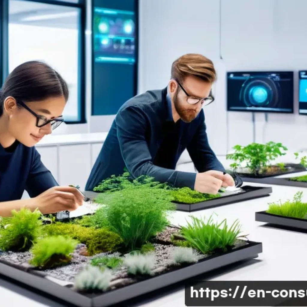 소비자전문기술사와 지속 가능성 경영 - A modern product development lab scene showcasing engineers and designers collaborating on eco-frien...