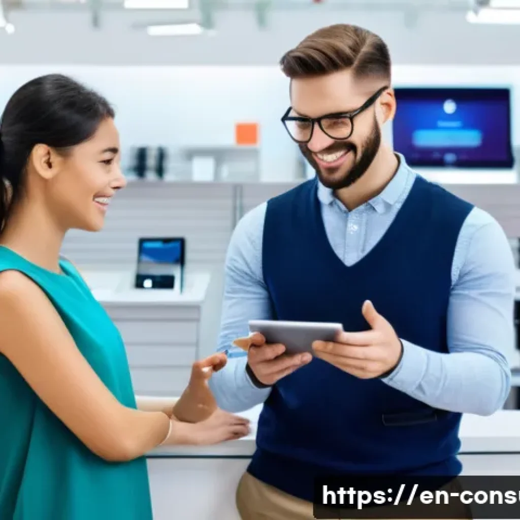 소비자분쟁 사례와 해결 방법 - A modern customer service scene in a bright, clean electronics store: a calm young adult woman polit...