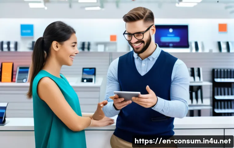 소비자분쟁 사례와 해결 방법 - A modern customer service scene in a bright, clean electronics store: a calm young adult woman polit...