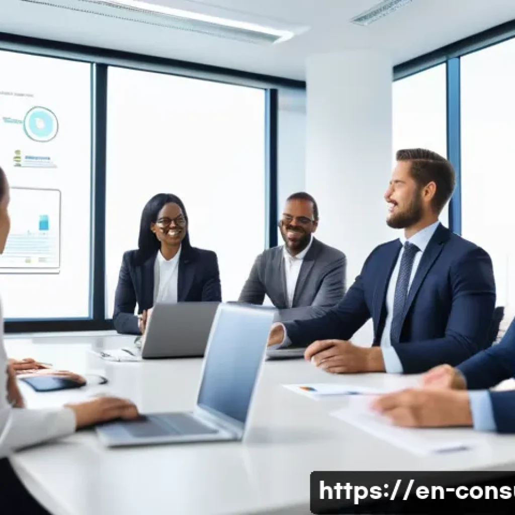 소비자중심 경영 인증 과정 소개 - A modern corporate office scene showing a diverse team of professionals engaged in a customer-center...