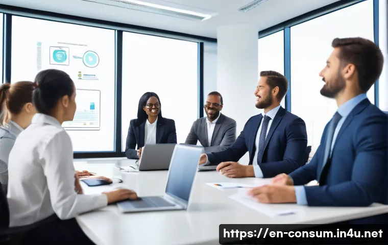 소비자중심 경영 인증 과정 소개 - A modern corporate office scene showing a diverse team of professionals engaged in a customer-center...