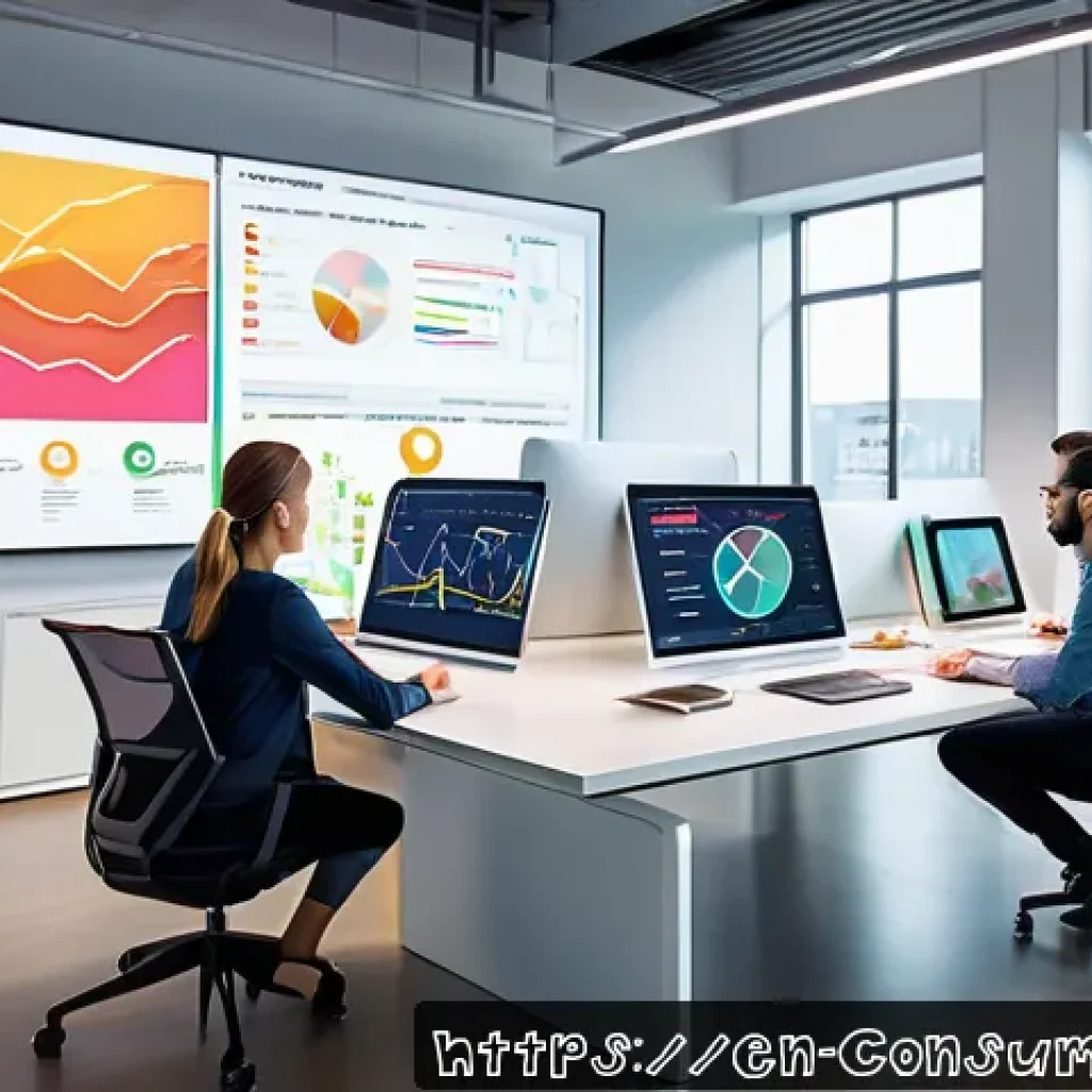 소비자 행동 데이터를 활용한 전략 개발 - A modern marketing team in a bright, open office analyzing large digital screens displaying colorful...