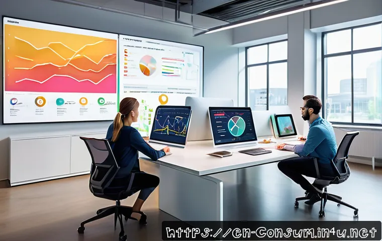 소비자 행동 데이터를 활용한 전략 개발 - A modern marketing team in a bright, open office analyzing large digital screens displaying colorful...