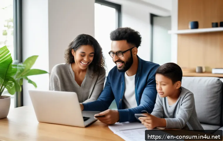 소비자 피해 예방을 위한 실무 사례 - A diverse family of four in a modern living room, attentively reviewing documents and phone call log...