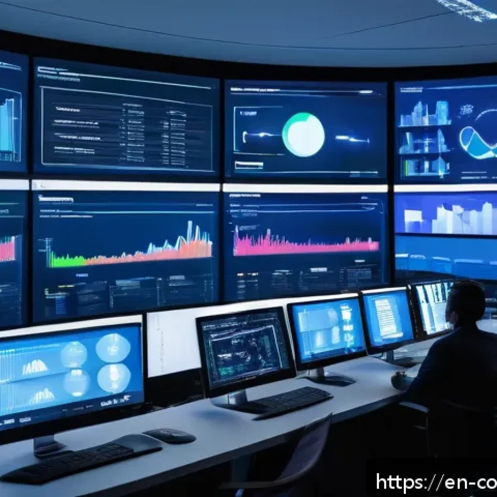 소비자 행동 데이터를 활용한 혁신적 시장 전략 개발 사례 - A modern digital marketing control room with multiple large screens displaying real-time consumer be...