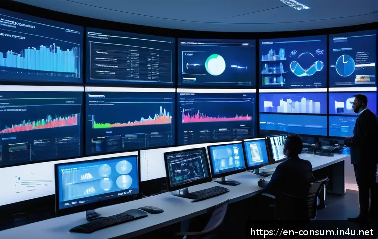 소비자 행동 데이터를 활용한 혁신적 시장 전략 개발 사례 - A modern digital marketing control room with multiple large screens displaying real-time consumer be...