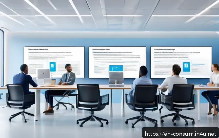 소비자 보호를 위한 정책 제언 - A modern digital workspace scene showing a diverse group of professionals reviewing clear, concise t...