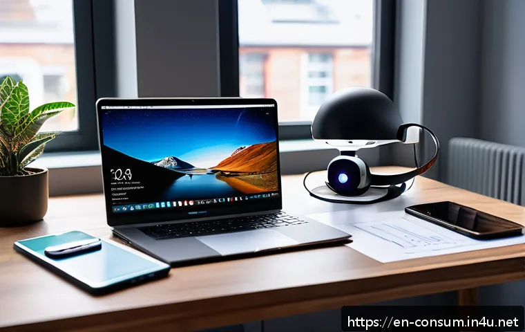 소비자전문기술사의 주요 역할과 책임 - A modern tech reviewer’s workspace featuring a sleek laptop, multiple smartphones, and a VR headset ...