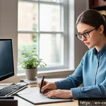 소비자전문기술사 시험 대비 사례 연구 - A detailed, realistic scene of a modern home office setup featuring a young professional woman weari...