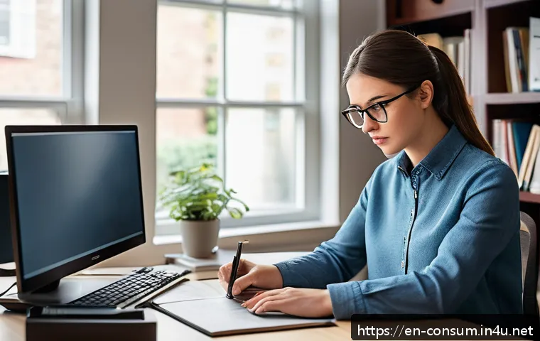 소비자전문기술사 시험 대비 사례 연구 - A detailed, realistic scene of a modern home office setup featuring a young professional woman weari...