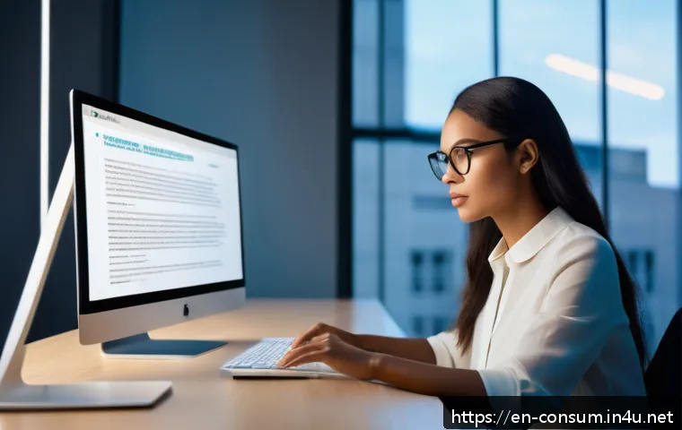 소비자 보호와 관련된 사례 및 법적 이슈 - A modern digital workspace scene showing a diverse young professional woman sitting at a sleek desk,...