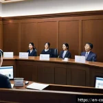 소비자 보호법 적용 사례 분석 - A modern courtroom scene depicting a diverse group of consumers in casual business attire attentivel...