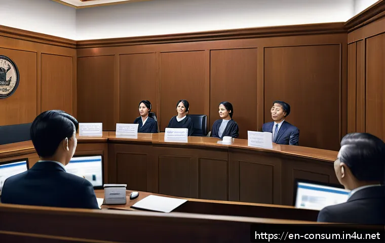 소비자 보호법 적용 사례 분석 - A modern courtroom scene depicting a diverse group of consumers in casual business attire attentivel...