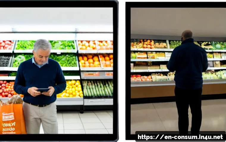 소비자 행동 변화와 비즈니스 영향 - Photorealistic split-scene comparison of changing consumer behavior: on the left, a middle-aged Amer...