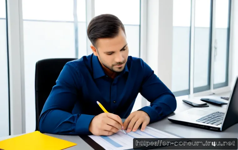 소비자 불만 처리 매뉴얼 작성 프로세스 - Photorealistic customer service manager creating a consumer complaint handling manual at a clean mod...