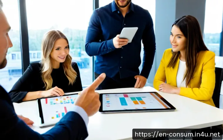 Home 17 소비자 행동 데이터를 활용한 비즈니스 모델 혁신 - Photorealistic modern retail strategy meeting in a bright American office, diverse business team gat...